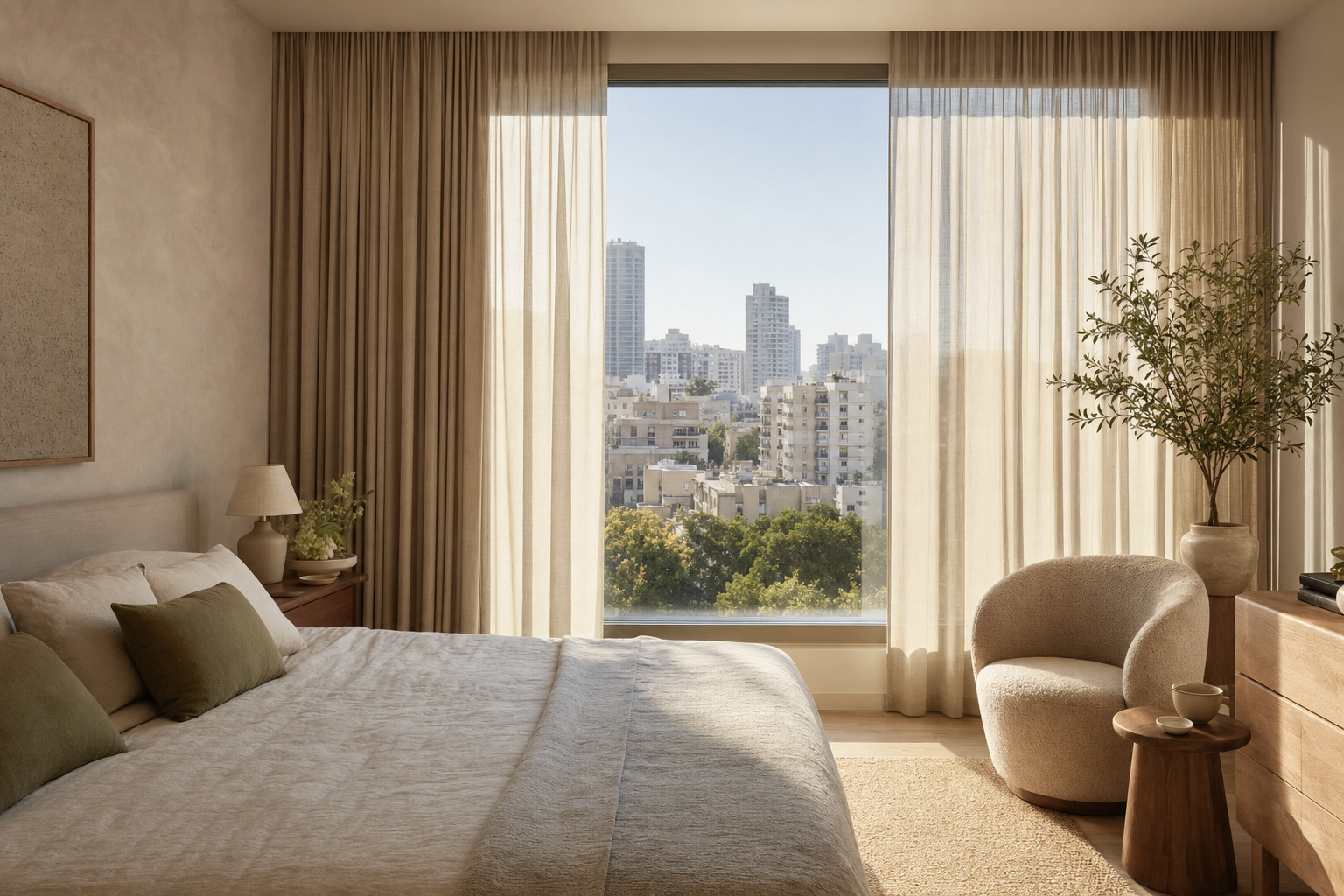 חדר שינה עם חלון גדול הפונה לנוף עירוני.